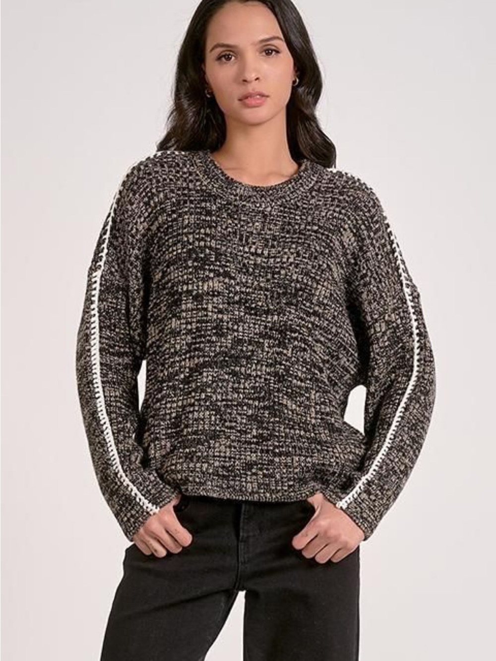 Elan Black & White Marled Crewneck Sweater with Sleeve Stripe Detail